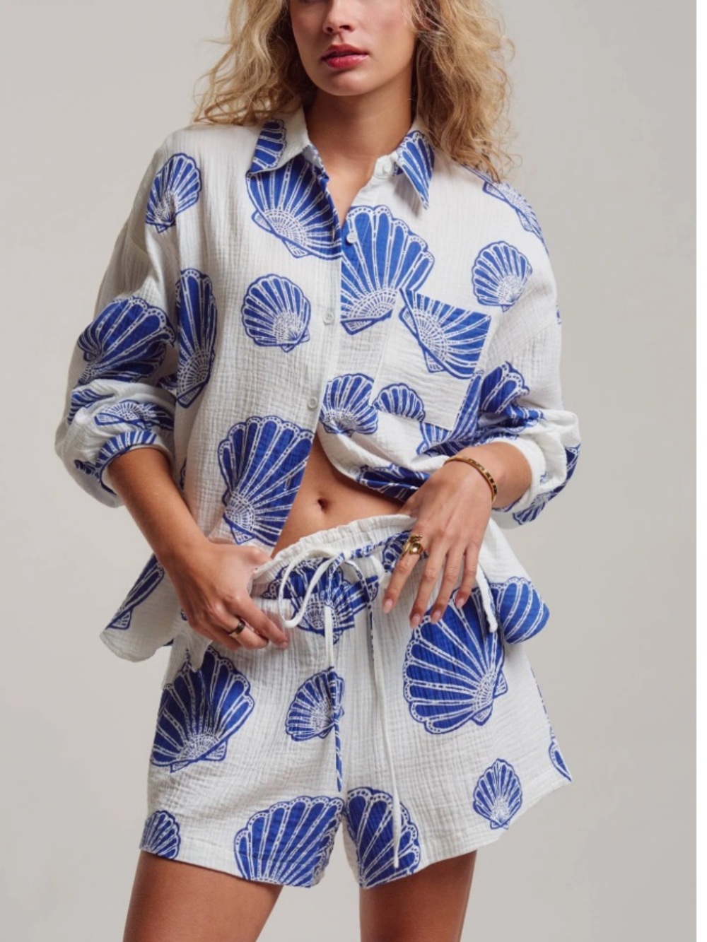 NWT fun seashell  Cotton Gauze Shirt & Shorts Set. Sz: L navy and white - Picture 7 of 7